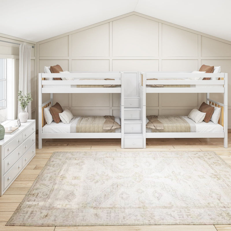 White twin bunk beds with center staircase storage in a neutral modern farmhouse kids' bedroom with board-and-batten gable wall, beige bedding, hardwood floors and natural light