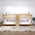Modern wooden bunk beds with neutral bedding, built-in ladder storage and boho rug in a bright Scandinavian-style kids' bedroom
