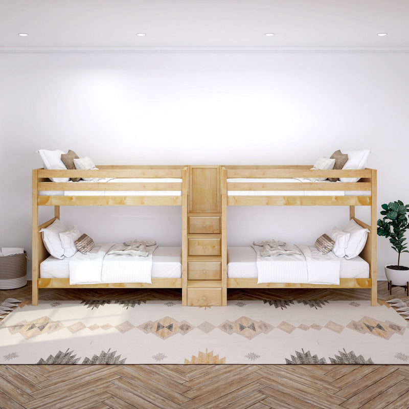 Modern wooden bunk beds with neutral bedding, built-in ladder storage and boho rug in a bright Scandinavian-style kids' bedroom