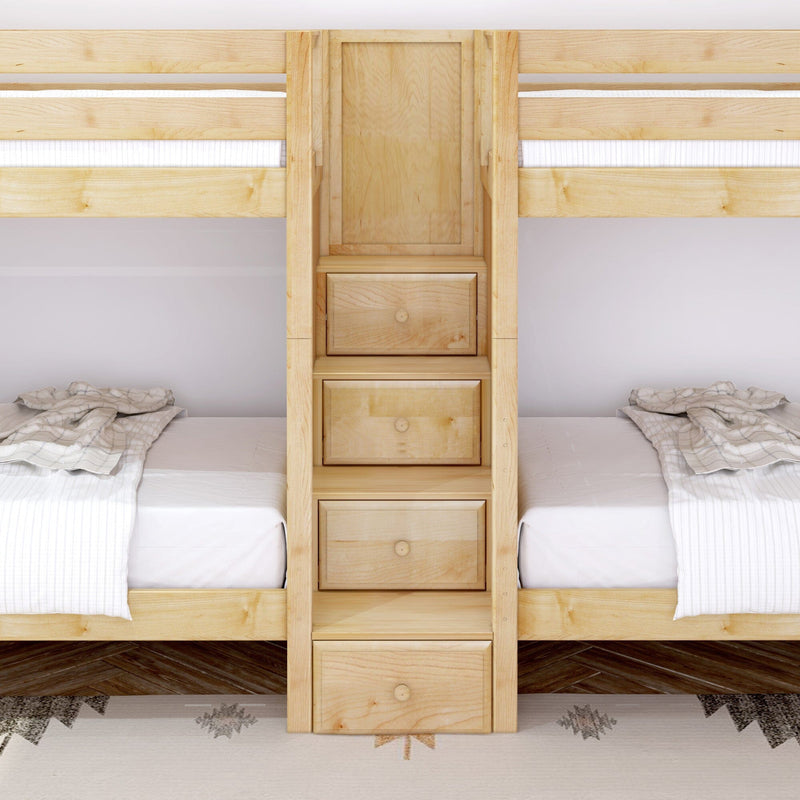 Light maple bunk bed with built-in ladder and storage drawers, twin mattresses with white bedding in a modern kids' bedroom