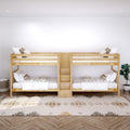 Natural wood twin bunk beds with built-in drawers, neutral bedding and boho rug in a minimalist kids' bedroom