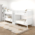 White wooden bunk beds in a bright minimalist kids' bedroom with neutral pillows, boho geometric rug, built-in shelving and parquet floor