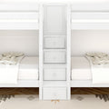 Built-in white twin bunk beds with center ladder and pull-out storage drawers, beige plaid bedding and wood chevron floor in a modern kids bedroom
