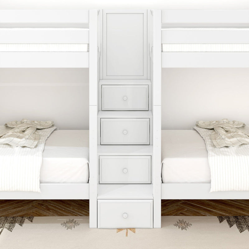 Built-in white twin bunk beds with center ladder and pull-out storage drawers, beige plaid bedding and wood chevron floor in a modern kids bedroom