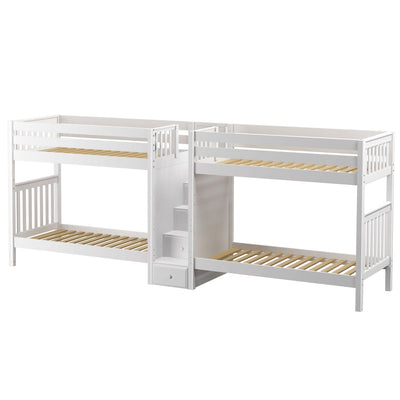 White wooden quadruple bunk bed with stairs and storage drawers, ideal for maximizing space in kids' bedrooms.