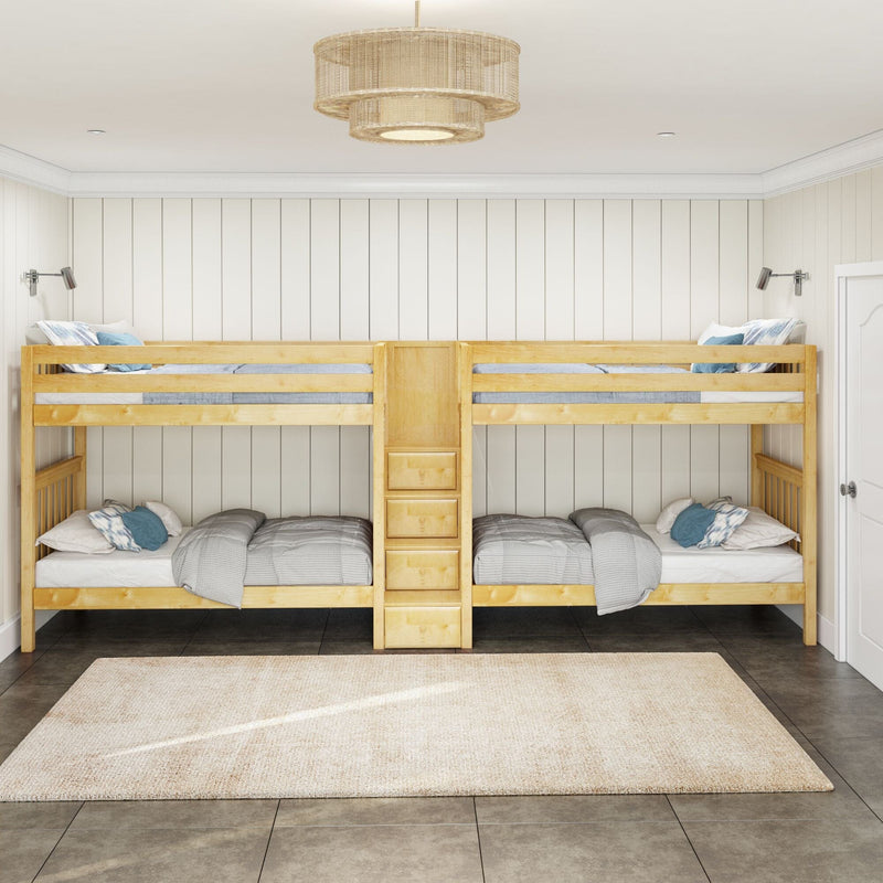 Wooden twin-over-twin bunk beds with built-in storage ladder in a neutral kids' bedroom with shiplap walls, gray bedding and woven pendant light