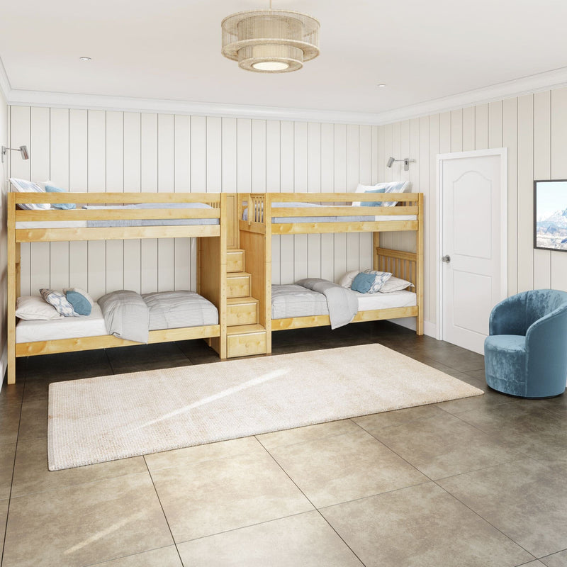 Natural twin bunk beds in a modern kids' bedroom with white shiplap walls, built-in stair drawers, neutral bedding, blue accent pillows and area rug