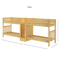 Wooden twin bunk bed with natural finish, slatted platforms and built-in storage staircase — 186.75" L x 42.5" D x 71" H