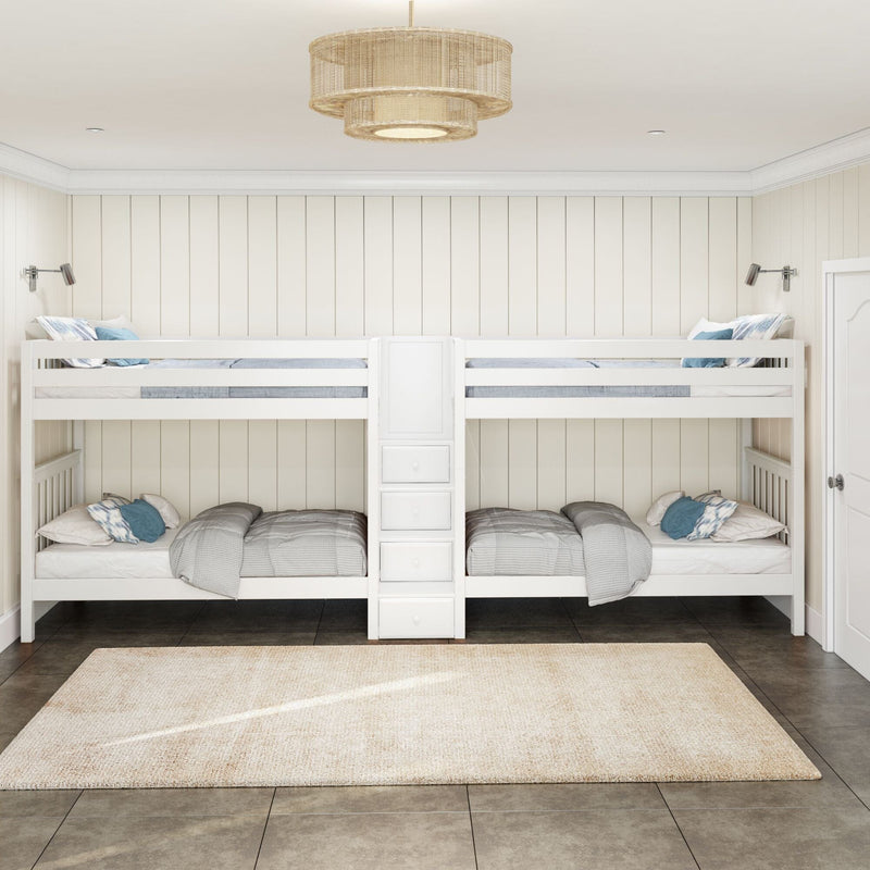 White twin bunk beds in a coastal modern farmhouse kids bedroom with shiplap walls, gray-blue bedding, wall-mounted reading lamps and woven rattan ceiling light