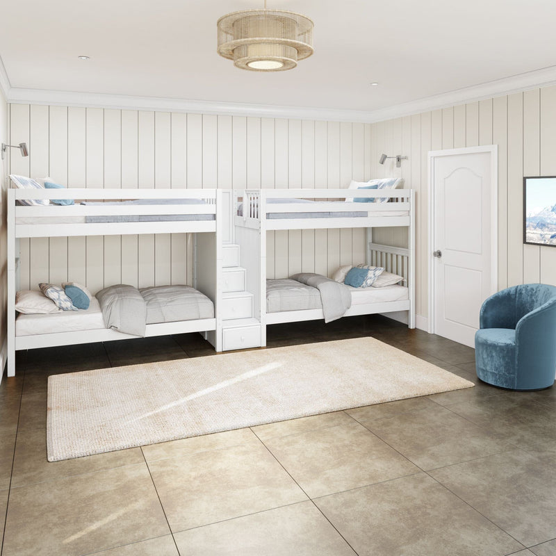 Kids' bedroom with white wooden bunk beds, cream shiplap walls, beige tile floor, woven drum ceiling light and blue accent chair