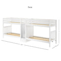 White wooden twin-over-twin bunk bed with slatted mattress supports, built-in staircase storage and safety guardrails, 186.75” L x 42.5” D x 71” H