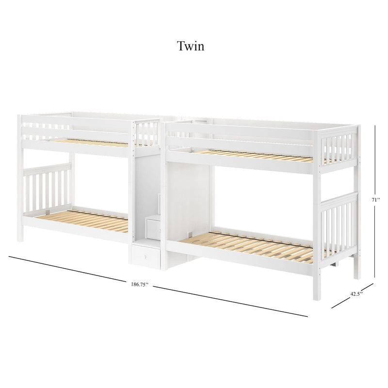 White wooden twin-over-twin bunk bed with slatted mattress supports, built-in staircase storage and safety guardrails, 186.75” L x 42.5” D x 71” H