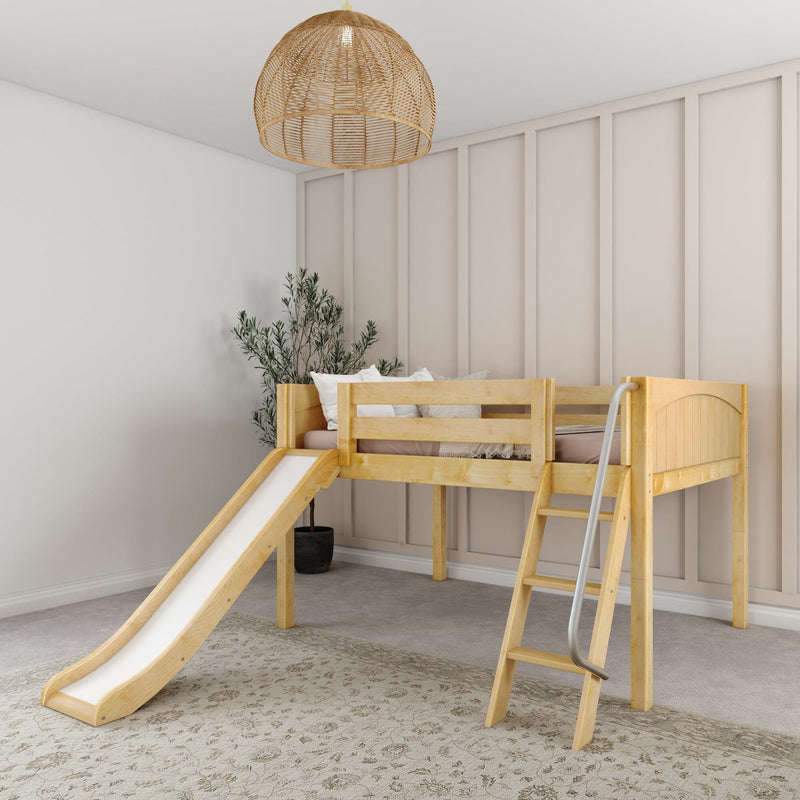 Wooden loft bed with slide in neutral kids bedroom, natural wood bunk bed, beige board-and-batten wall, rattan pendant light and potted plant