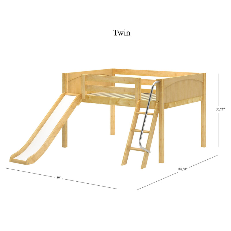 Twin loft bed with slide and ladder, natural wood finish, guard rails and elevated frame for kids' bedroom, product dimensions shown