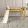 Natural wood kids loft bed with slide and ladder in a neutral nursery setting, beige paneled wall, pillows and patterned area rug