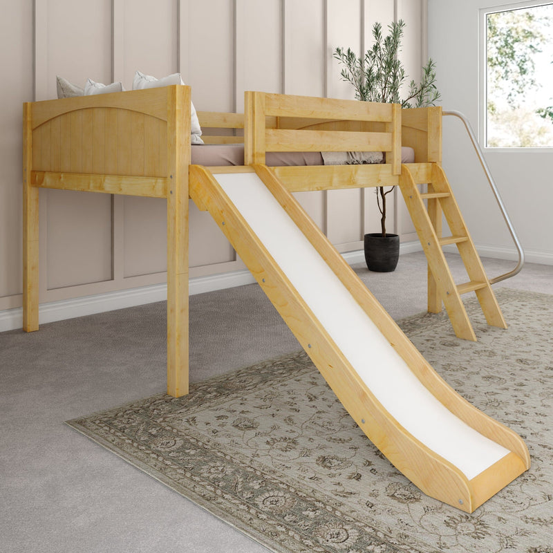 Kids loft bed with slide and ladder, solid natural wood pine finish in a neutral modern children's bedroom with pillows and potted plant