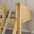 Close-up of solid maple wood bunk bed ladder with silver metal safety rail on a loft bed in a neutral kids' bedroom