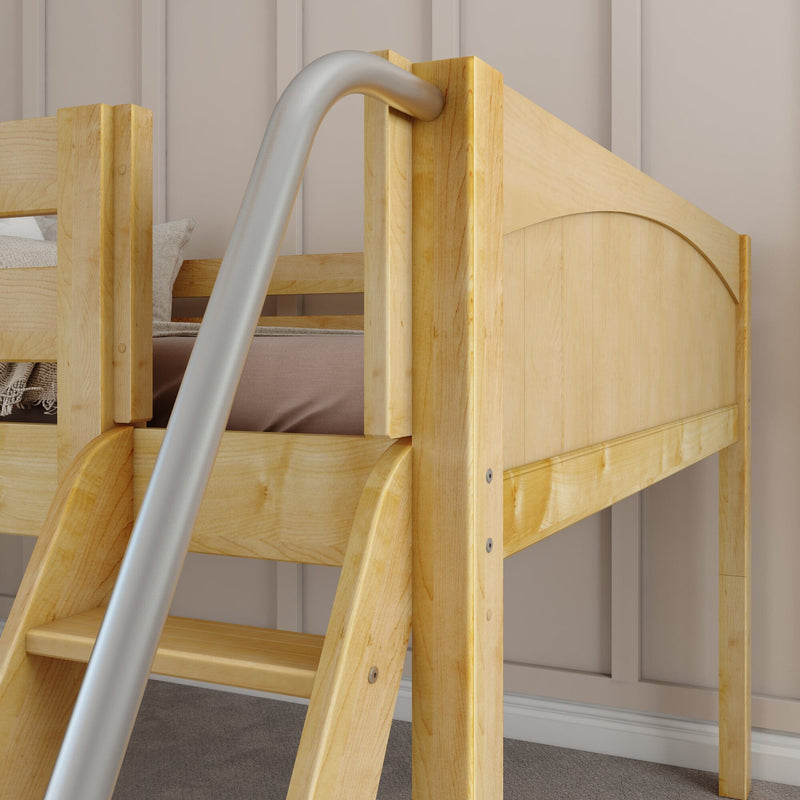 Close-up of solid maple wood bunk bed ladder with silver metal safety rail on a loft bed in a neutral kids' bedroom