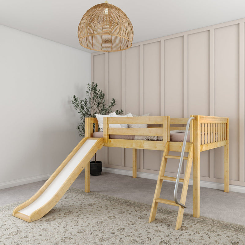 Children's natural wood loft bed with slide in a neutral modern nursery, rattan pendant light, board-and-batten accent wall and indoor plant