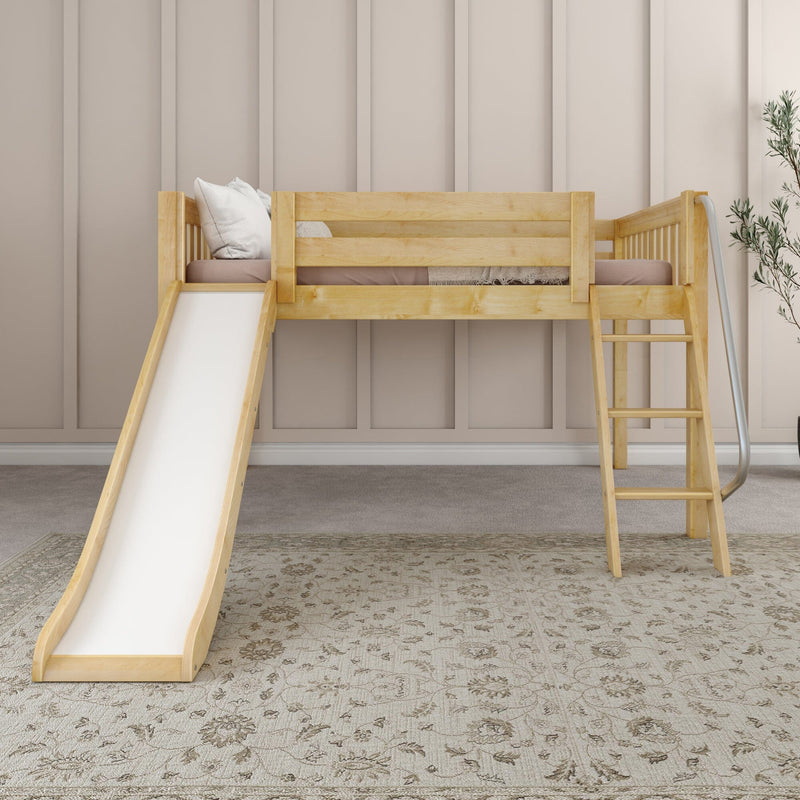 Natural pine kids loft bed with slide and ladder against beige paneled wall, neutral pillows and rug in modern children's bedroom