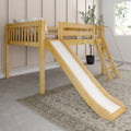 Solid wood kids loft bed with slide and ladder in a neutral children's bedroom, natural finish with cozy bedding and potted plant by window