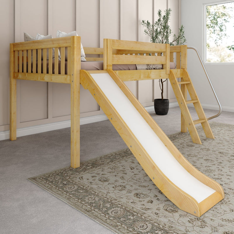 Solid wood kids loft bed with slide and ladder in a neutral children's bedroom, natural finish with cozy bedding and potted plant by window