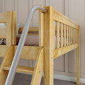 Close-up of natural maple solid wood bunk bed ladder and safety rail, sturdy loft-bed railing for children's bedroom