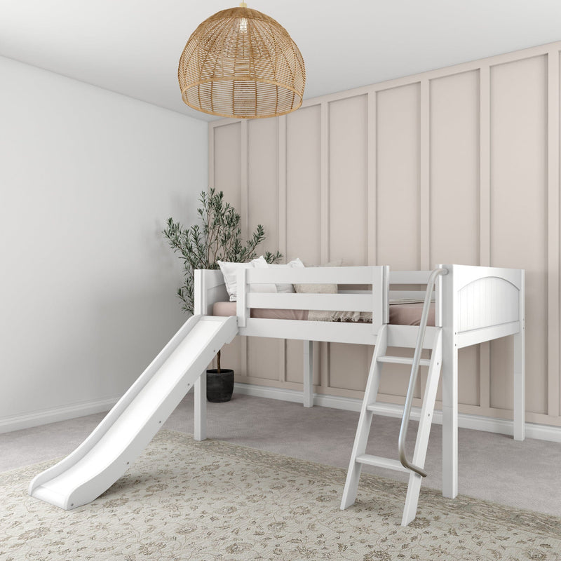 White kids loft bed with slide and ladder in a neutral farmhouse nursery, beige board-and-batten wall and rattan pendant light