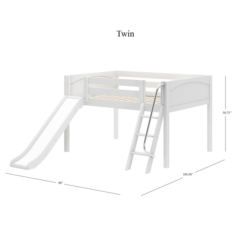White twin loft bed with slide and metal ladder, children's space-saving raised bed with slatted mattress base, modern white finish and dimensions 109.5" x 80" x 50.75