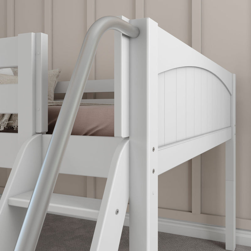 White wooden bunk bed with metal ladder and arched panel headboard, close-up of modern kids' loft bed in neutral nursery