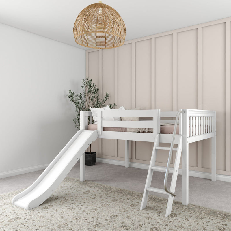 White wooden kids loft bed with slide and ladder in neutral nursery, blush vertical paneled accent wall, rattan pendant light and potted plant