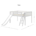 White twin loft bed with slide and ladder, wooden elevated kids bed frame with safety rails, slatted mattress support and dimensions shown