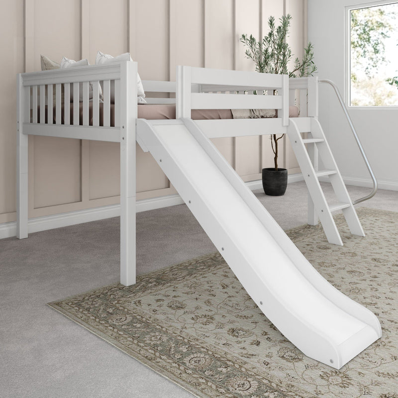 White wooden loft bed with slide and ladder in modern kids' bedroom with beige board-and-batten walls, blush bedding, potted plant and patterned rug