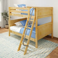 Light maple wooden twin-over-twin bunk bed with ladder, blue quilted bedding and star-print sheets in a modern kids' bedroom