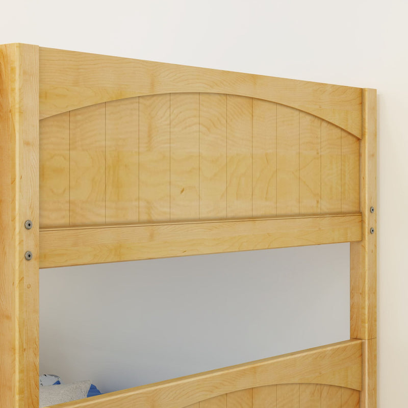 Natural maple wood bunk bed headboard and guardrail with vertical panel slats, exposed bolts and light wood grain finish