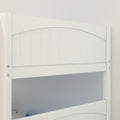 Close-up of a white wooden bunk bed showing arched headboard, vertical slat panels, guardrail and exposed bolts, modern kids' bedroom furniture