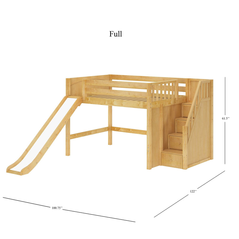 Full-size natural wood loft bed with attached slide, built-in storage stairs and drawers, slatted guardrails and under-bed play area — kids’ bunk bed with practical storage