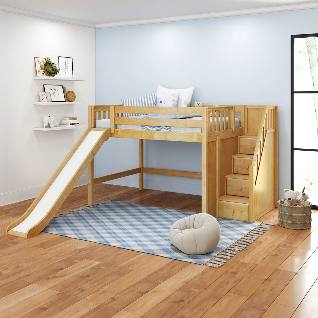 Wooden kids loft bed with slide and built-in storage stairs in a modern pastel children's bedroom with blue plaid rug, wall shelves, framed art and plush toys
