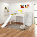 White wooden kids loft bed with slide and built‑in storage stairs in modern nursery, yellow pillows, abstract wall art, floating shelves and hardwood floor