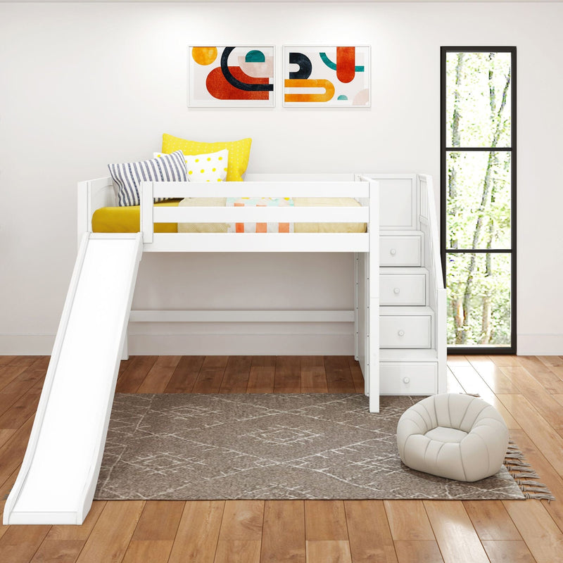 White kids loft bed with slide and yellow polka-dot pillows in modern nursery with abstract wall art, wood floors and tall window