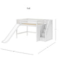 White wooden loft bed with slide and built-in staircase storage drawers, twin kids' space-saving bunk loft with guardrails