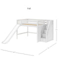 White wooden loft bed with slide and built-in storage stairs, space-saving kids bunk bed with drawers and guardrails, dimensions 122in x 100.75in x 61.5in