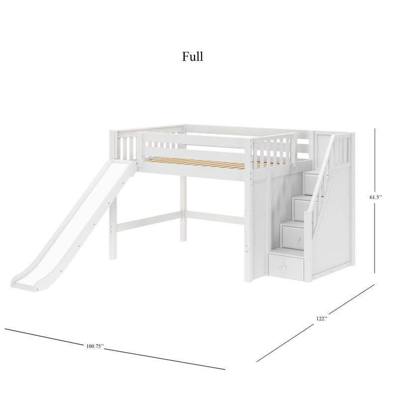 White wooden loft bed with slide and built-in storage stairs, space-saving kids bunk bed with drawers and guardrails, dimensions 122in x 100.75in x 61.5in