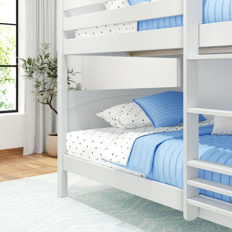 White wooden bunk bed with blue comforters and star-print sheets in a bright kids' bedroom, ladder, potted plant and sunlit window, modern children's bedroom furniture
