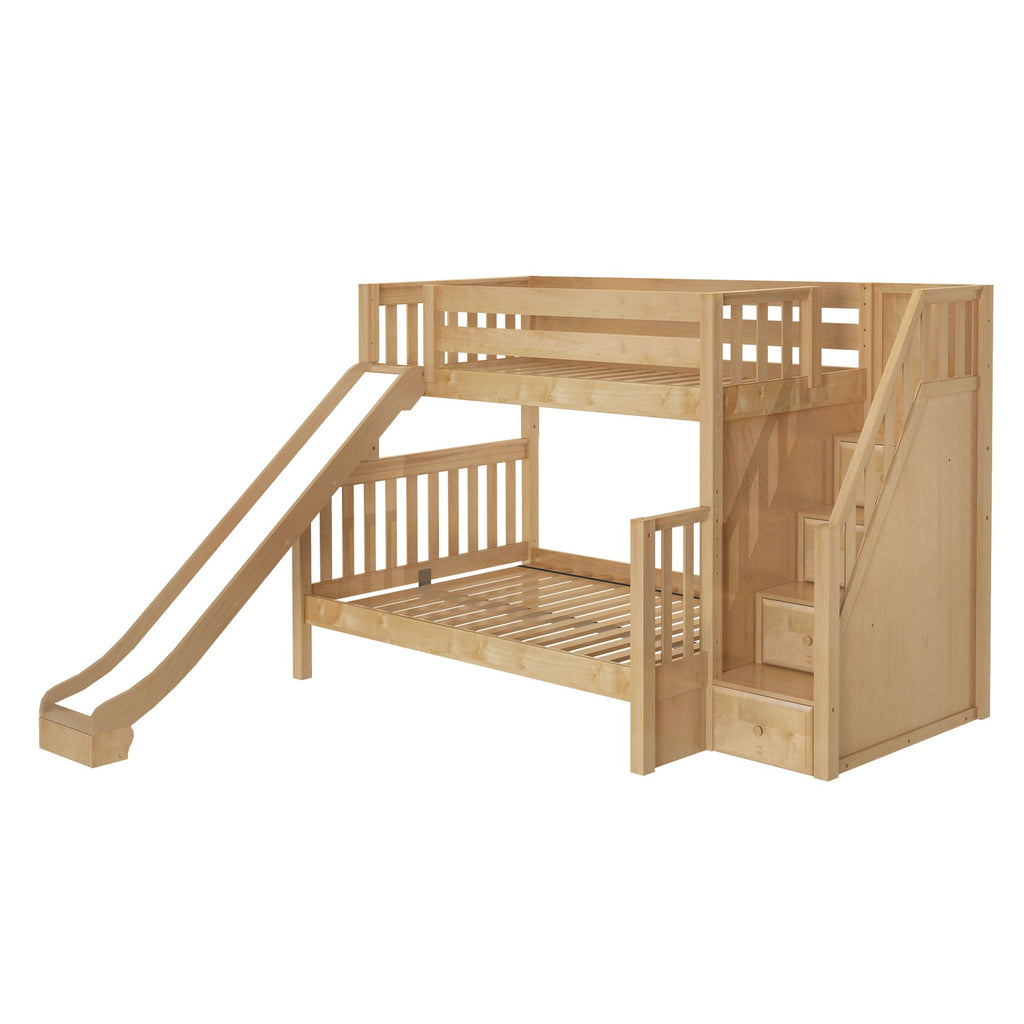 Natural wood bunk bed with slide and stairs, featuring a safe and fun design for children's bedrooms.