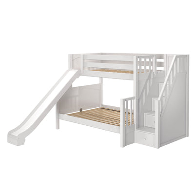 White wooden bunk bed with slide and storage stairs for kids' bedroom.