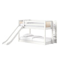 White wooden kids loft bunk bed with slide and ladder, safety guardrails and white bedding on a clean white background