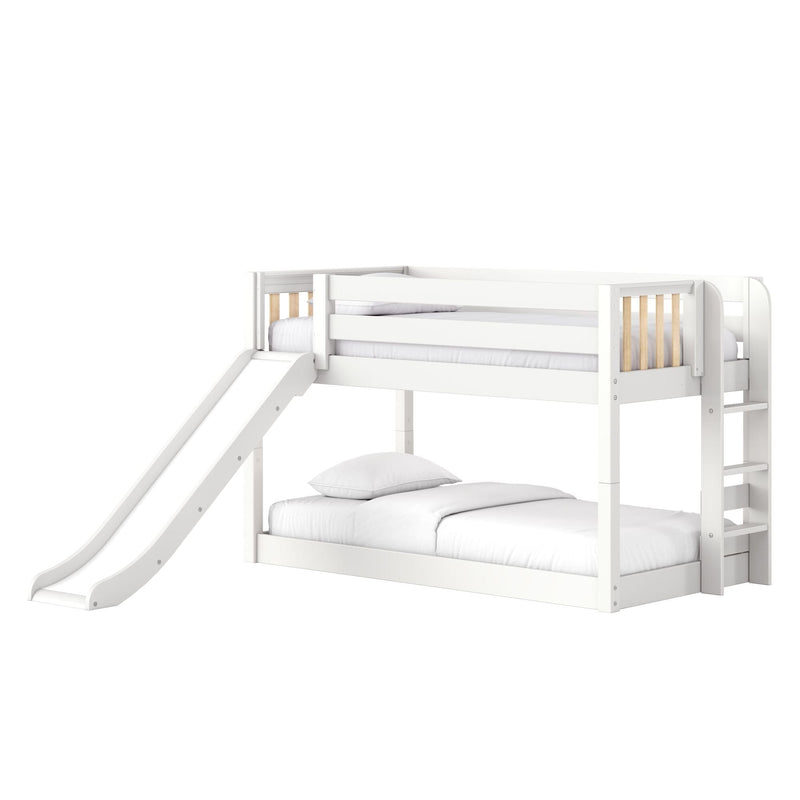 White wooden kids loft bunk bed with slide and ladder, safety guardrails and white bedding on a clean white background