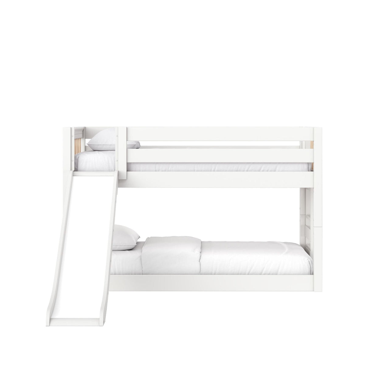 White wooden bunk bed with slide and guardrails, twin-over-twin layout with white bedding — modern kids' loft bed and children's bedroom furniture