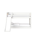 White wooden kids bunk bed with built‑in slide and ladder, modern twin‑over‑full style with white mattress and bedding